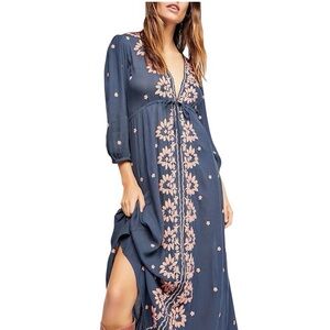 Free People Embroidered Fable Midi Dress In Dusk W/ Pink Floral M Medium